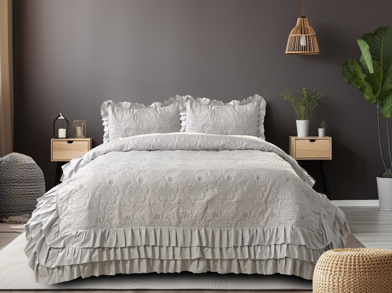 Forresta 3 Layer Frill Bedsheet – 1 Bedsheet with 3-layer frill (90 x 100 inches) 2 Coordinated Pillow Covers (17 x 27 inches)