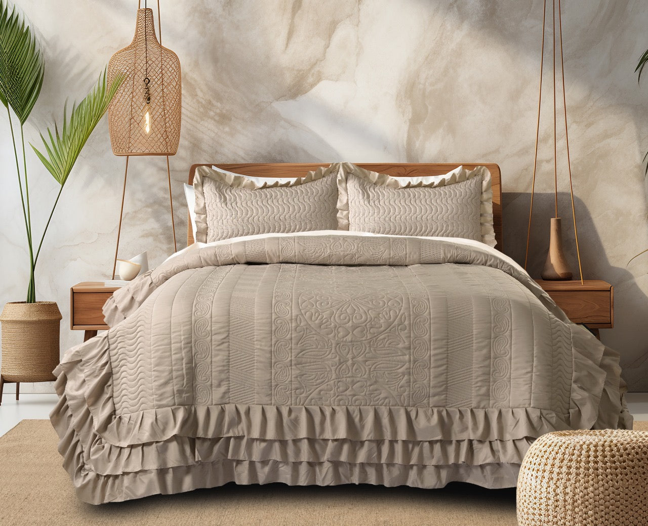 Luxury Microfiber Quilted Bedcover with 3-Layer Frill - 72x78 Inches + 16" Frill with 2 Pillow Covers