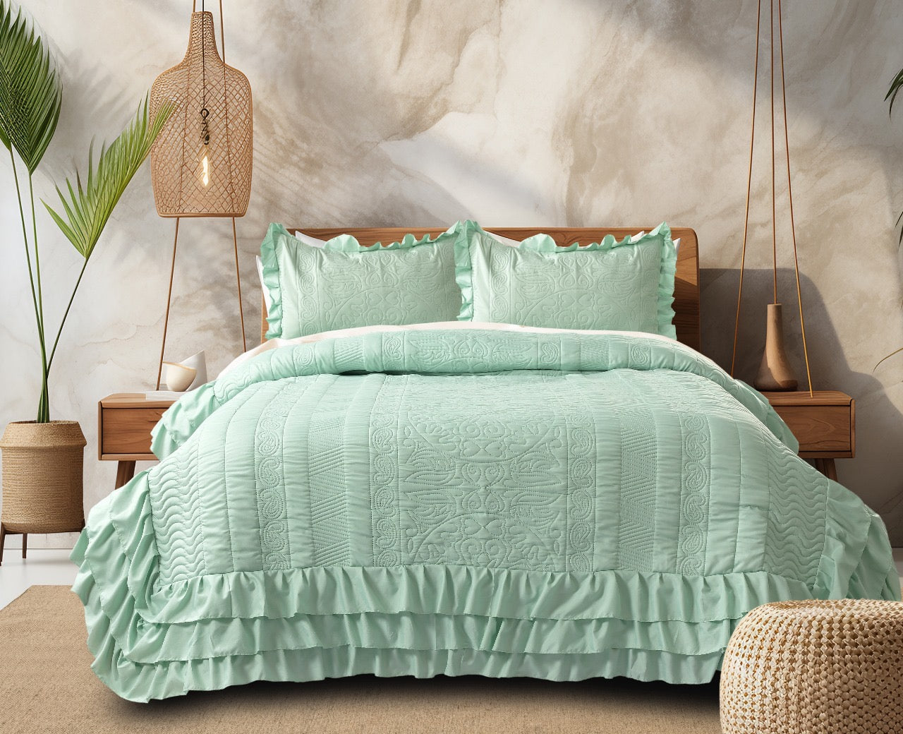 Luxury Microfiber Quilted Bedcover with 3-Layer Frill - 72x78 Inches + 16" Frill with 2 Pillow Covers