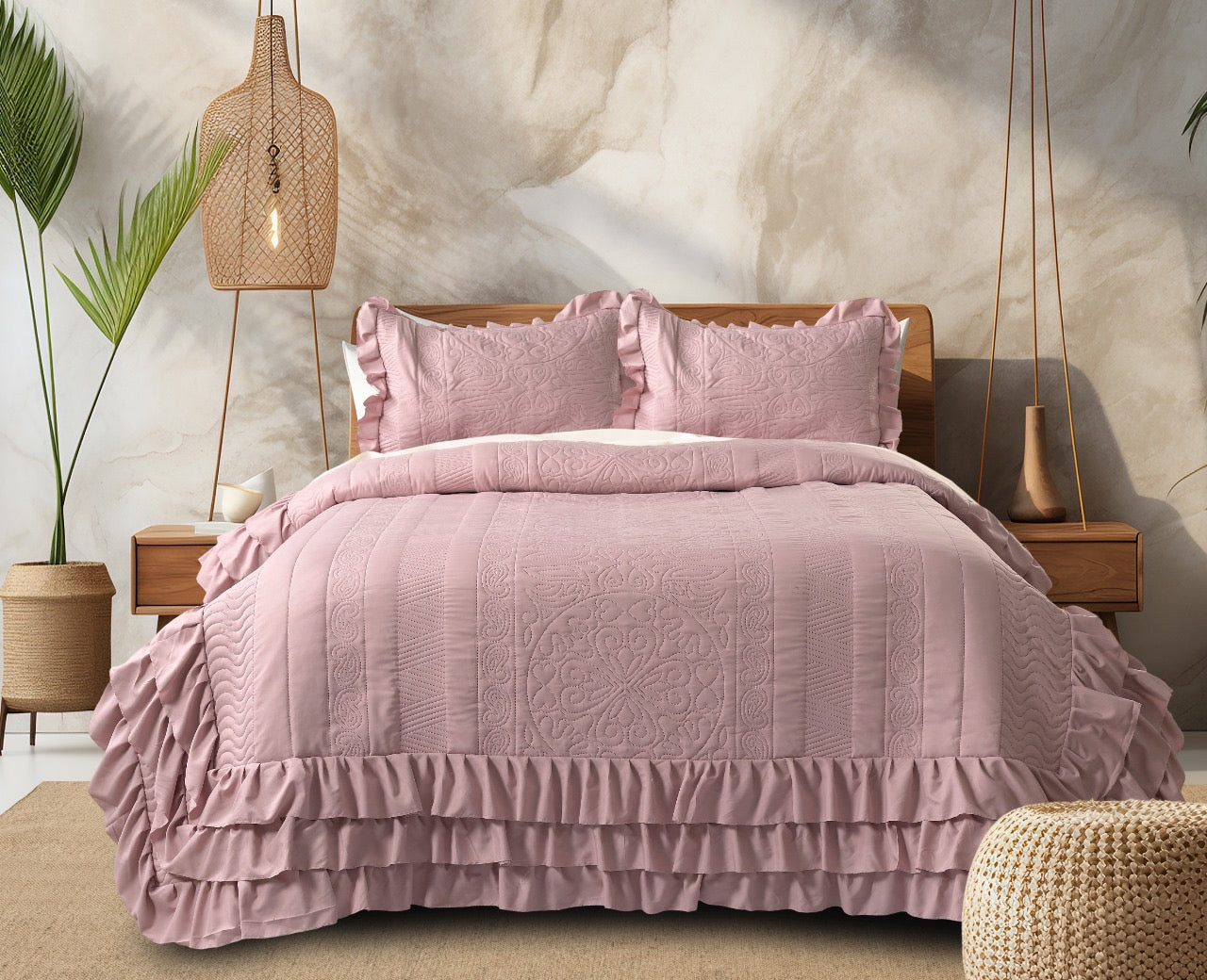 Luxury Microfiber Quilted Bedcover with 3-Layer Frill - 72x78 Inches + 16" Frill with 2 Pillow Covers
