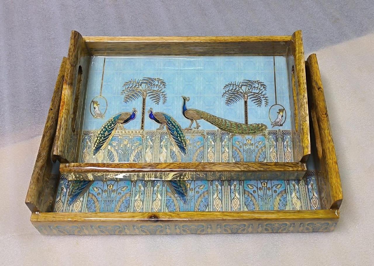 Mango Wood Serving Tray Set (Set of 2, Rectagular)