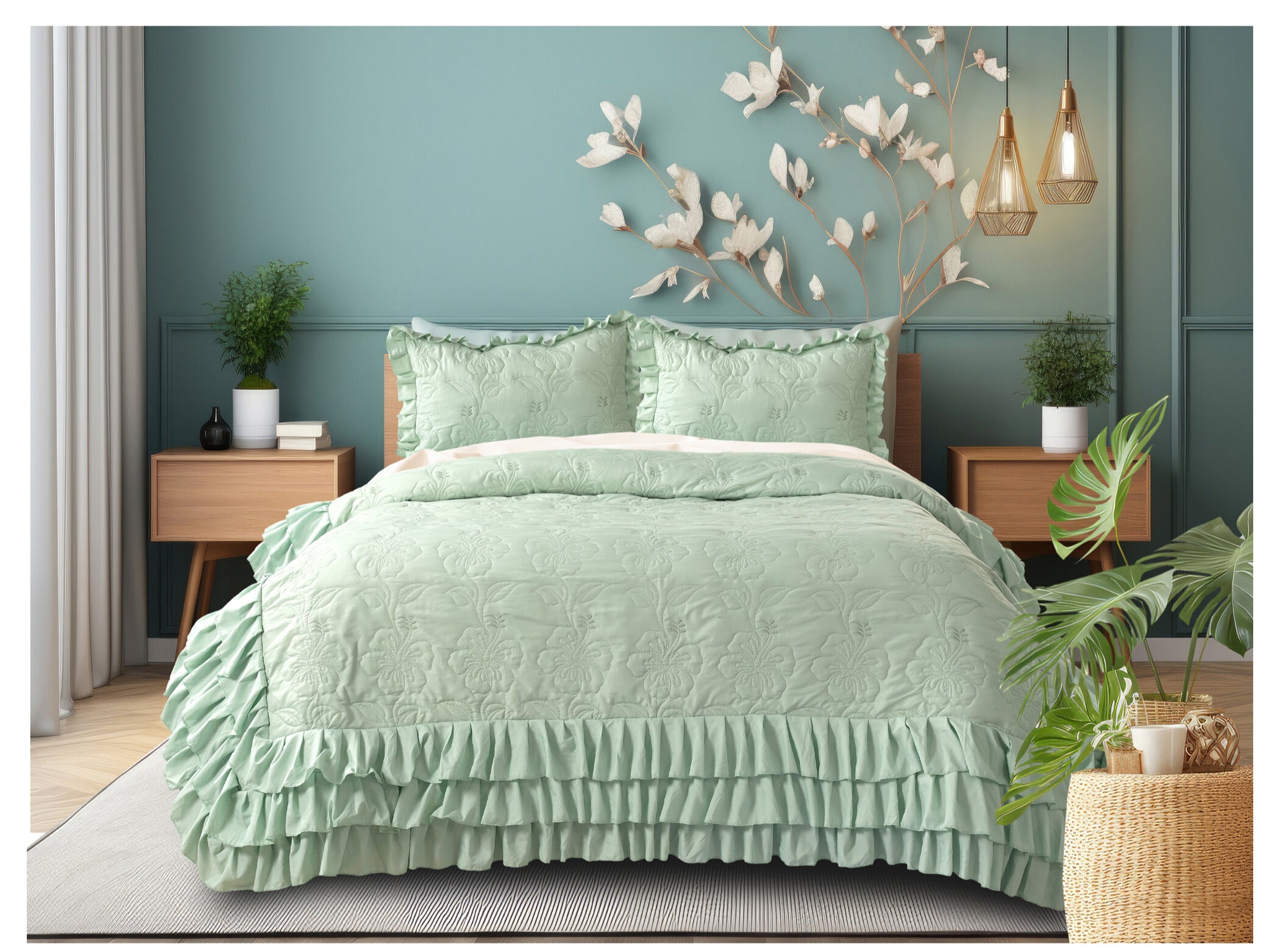 Forresta 3 Layer Frill Bedsheet – 1 Bedsheet with 3-layer frill (90 x 100 inches) 2 Coordinated Pillow Covers (17 x 27 inches)