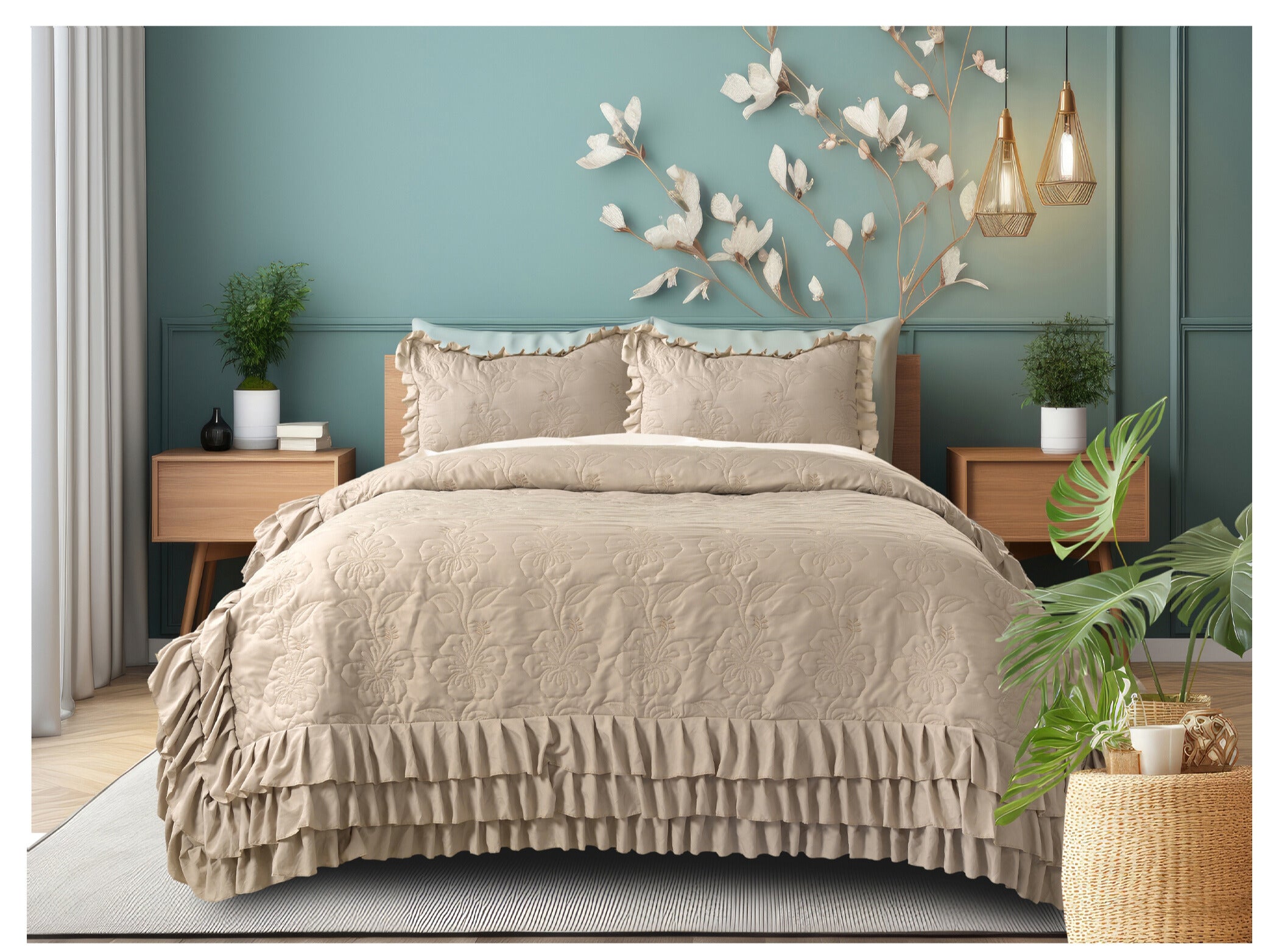 Forresta 3 Layer Frill Bedsheet – 1 Bedsheet with 3-layer frill (90 x 100 inches) 2 Coordinated Pillow Covers (17 x 27 inches)