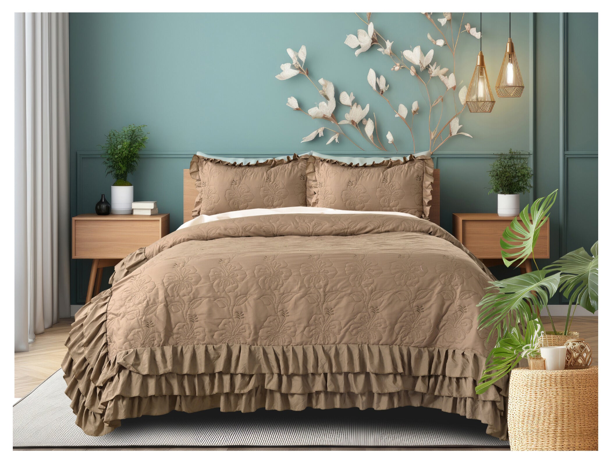 Forresta 3 Layer Frill Bedsheet – 1 Bedsheet with 3-layer frill (90 x 100 inches) 2 Coordinated Pillow Covers (17 x 27 inches)