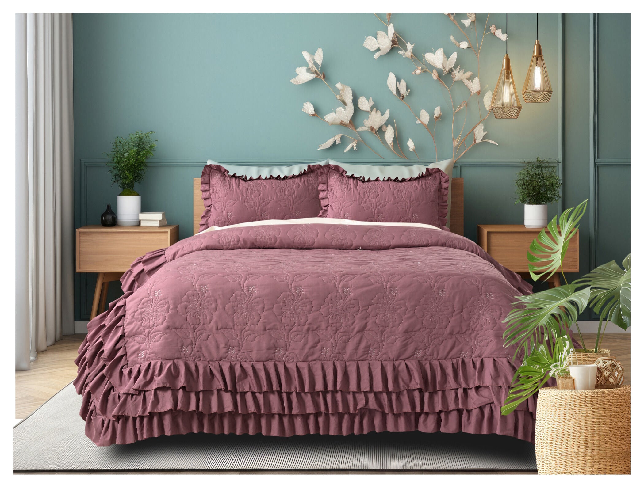 Forresta 3 Layer Frill Bedsheet – 1 Bedsheet with 3-layer frill (90 x 100 inches) 2 Coordinated Pillow Covers (17 x 27 inches)