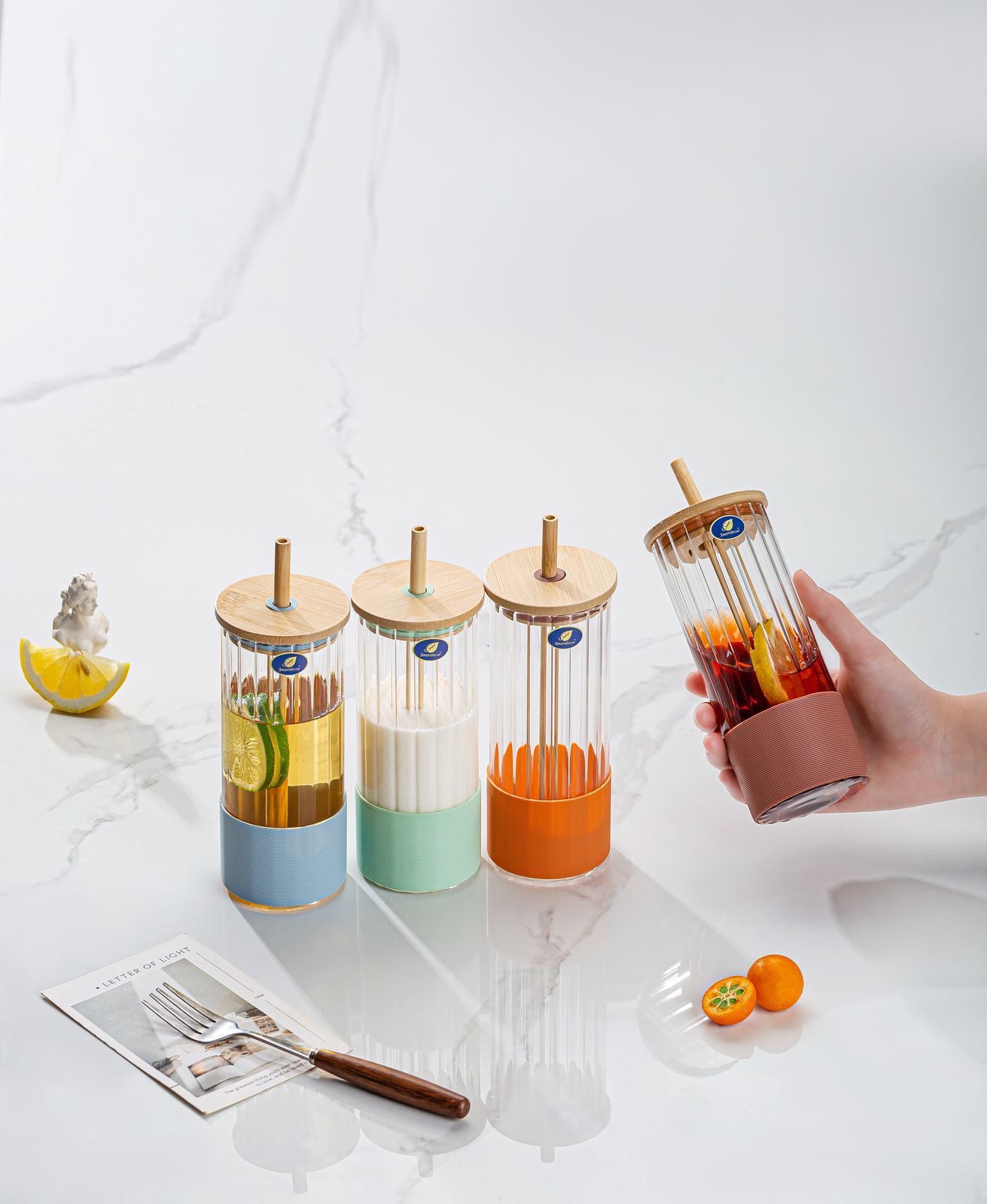 Premium Glass Tumbler with Bamboo Lid & Straw | 500ml | Iced Coffee, Juice, Smoothie Cup