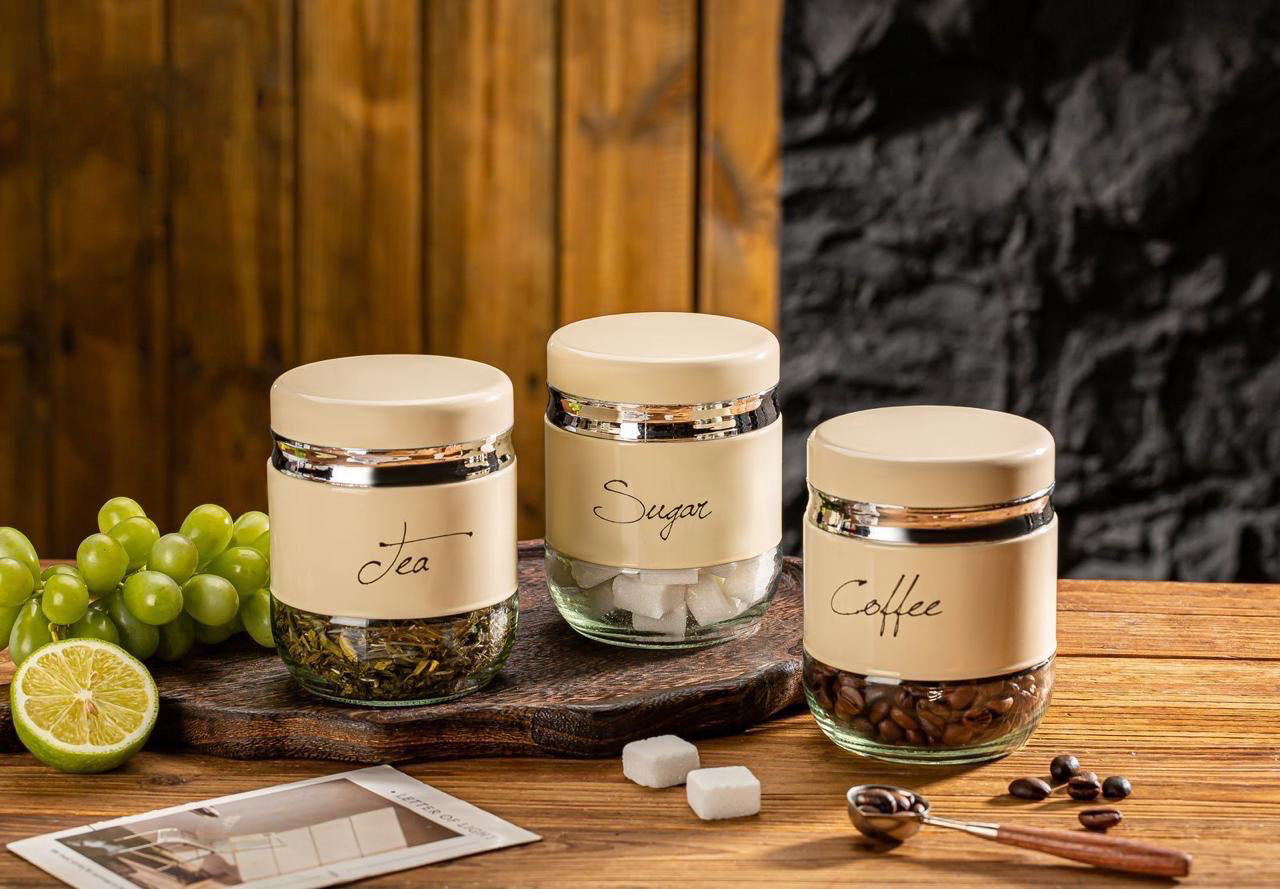 Glass Kitchen Jars Set | Sugar, Tea & Coffee (Set of 3)