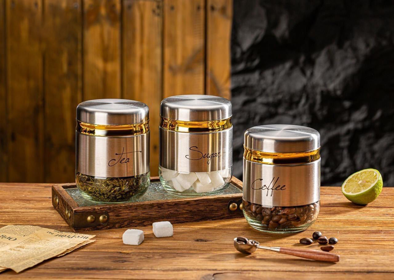 Glass Kitchen Jars Set | Sugar, Tea & Coffee (Set of 3)