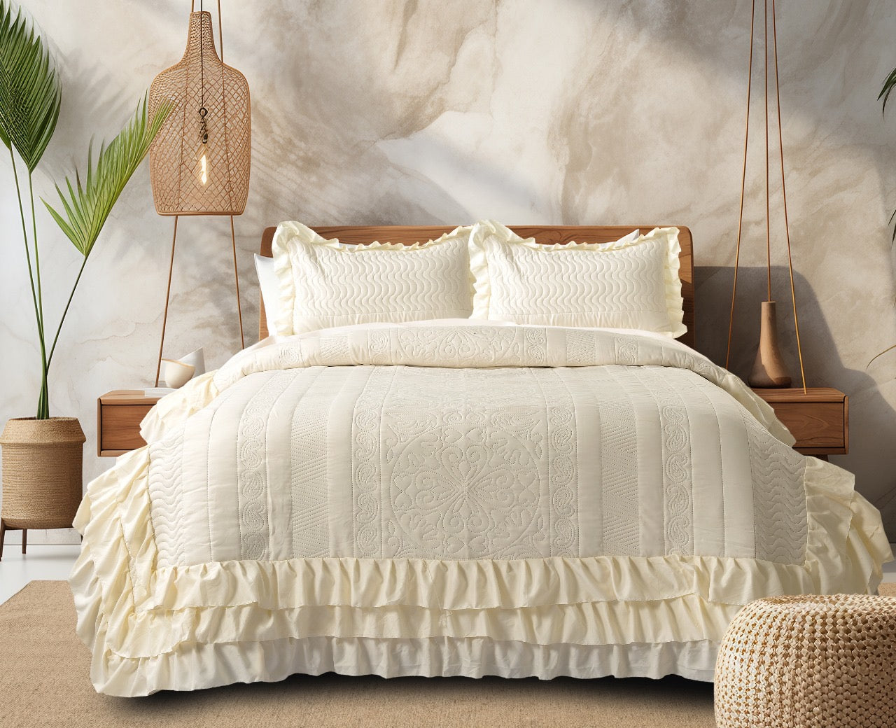 Luxury Microfiber Quilted Bedcover with 3-Layer Frill - 72x78 Inches + 16" Frill with 2 Pillow Covers