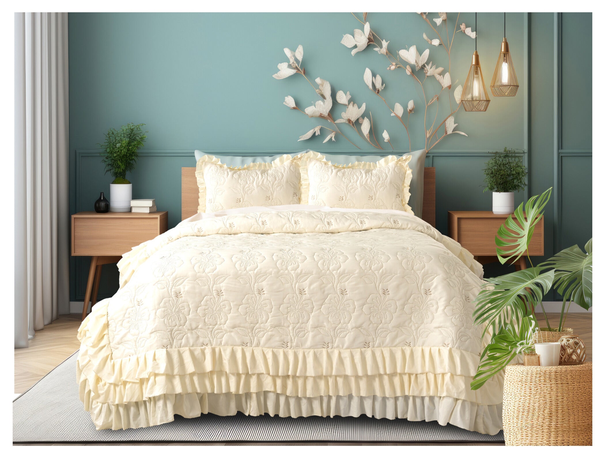 Forresta 3 Layer Frill Bedsheet – 1 Bedsheet with 3-layer frill (90 x 100 inches)  2 Coordinated Pillow Covers (17 x 27 inches)