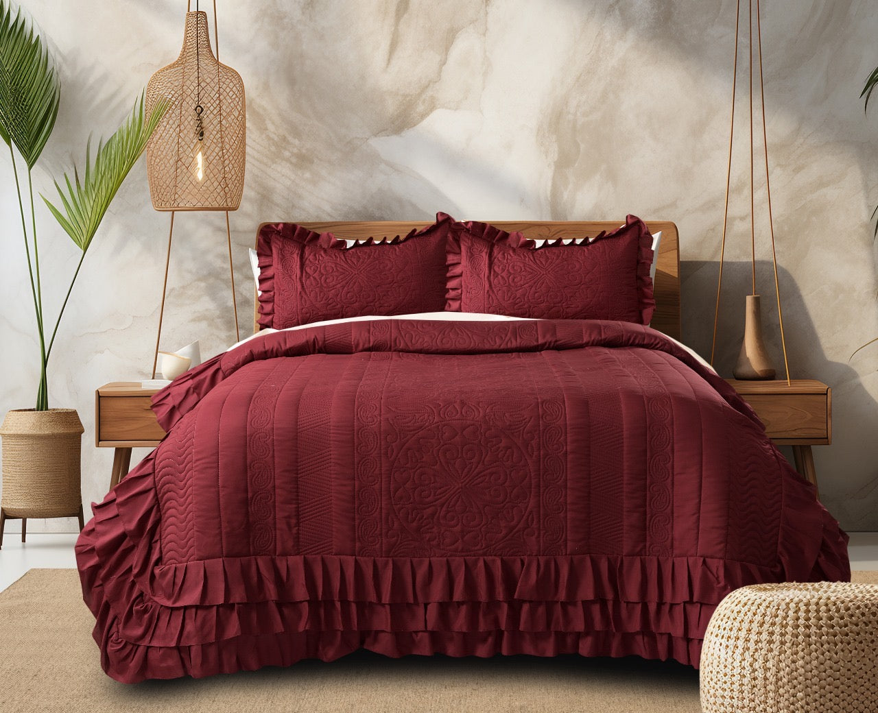 Luxury Microfiber Quilted Bedcover with 3-Layer Frill - 72x78 Inches + 16" Frill with 2 Pillow Covers
