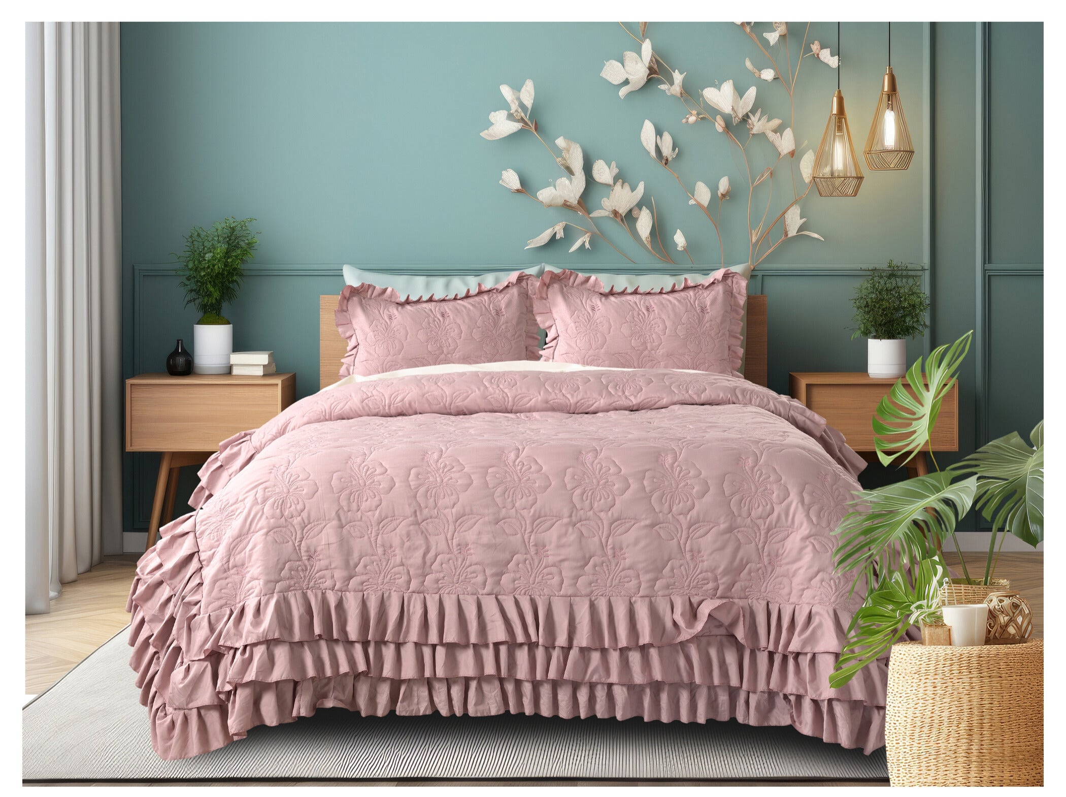 Forresta 3 Layer Frill Bedsheet – 1 Bedsheet with 3-layer frill (90 x 100 inches)  2 Coordinated Pillow Covers (17 x 27 inches)