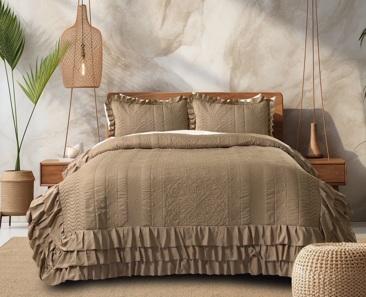 Luxury Microfiber Quilted Bedcover with 3-Layer Frill - 72x78 Inches + 16" Frill with 2 Pillow Covers